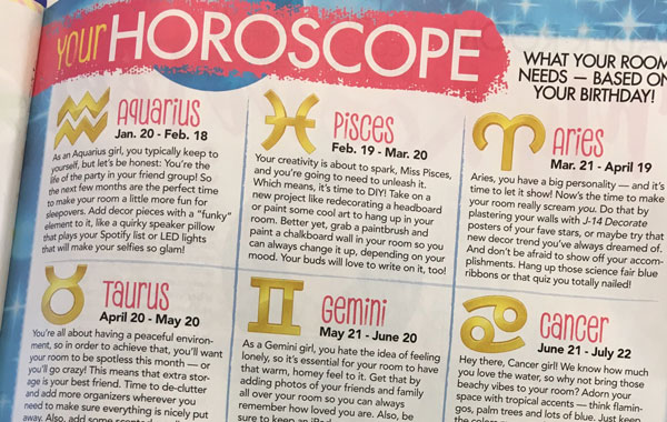 cheesy horoscope magazine page